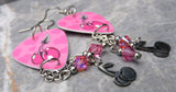Cherries and Hearts Guitar Pick Earrings with Stainless Steel Cherry Charms and Pink AB Swarovski Crystal Dangles