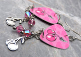 Cherries and Hearts Guitar Pick Earrings with Stainless Steel Cherry Charms and Pink AB Swarovski Crystal Dangles