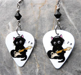 Electric Guitar Playing Black Cat Guitar Pick Earrings with Black Swarovski Crystals