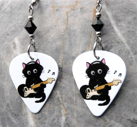 Electric Guitar Playing Black Cat Guitar Pick Earrings with Black Swarovski Crystals