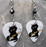 Electric Guitar Playing Black Cat Guitar Pick Earrings with Black Swarovski Crystals