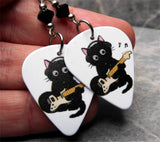 Electric Guitar Playing Black Cat Guitar Pick Earrings with Black Swarovski Crystals