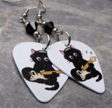 Electric Guitar Playing Black Cat Guitar Pick Earrings with Black Swarovski Crystals