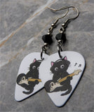 Electric Guitar Playing Black Cat Guitar Pick Earrings with Black Swarovski Crystals