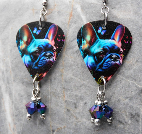 French Bulldog Boston Terrier Guitar Pick Earrings with Swarovski Crystal Dangles