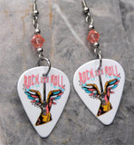 Winged Guitar Rock and Roll Guitar Pick Earrings with Pink Swarovski Crystals