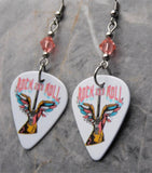 Winged Guitar Rock and Roll Guitar Pick Earrings with Pink Swarovski Crystals