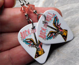 Winged Guitar Rock and Roll Guitar Pick Earrings with Pink Swarovski Crystals