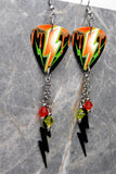 Orange and Green Lightning Bolt Guitar Pick Earrings with Stainless Steel Charms and Swarovski Crystal Dangles