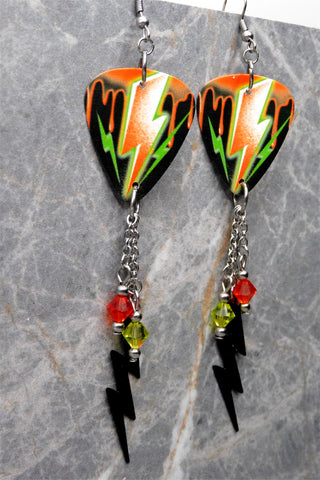 Orange and Green Lightning Bolt Guitar Pick Earrings with Stainless Steel Charms and Swarovski Crystal Dangles