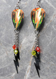Orange and Green Lightning Bolt Guitar Pick Earrings with Stainless Steel Charms and Swarovski Crystal Dangles