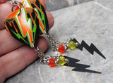 Orange and Green Lightning Bolt Guitar Pick Earrings with Stainless Steel Charms and Swarovski Crystal Dangles