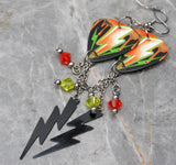 Orange and Green Lightning Bolt Guitar Pick Earrings with Stainless Steel Charms and Swarovski Crystal Dangles