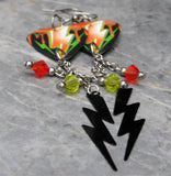 Orange and Green Lightning Bolt Guitar Pick Earrings with Stainless Steel Charms and Swarovski Crystal Dangles