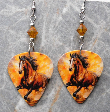Running Horse Guitar Pick Earrings with Topaz Colored Swarovski Crystals