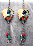 Elegant Asian Style Cat Guitar Pick Earrings with Stainless Steel Cat Charm and Swarovski Crystal Dangles
