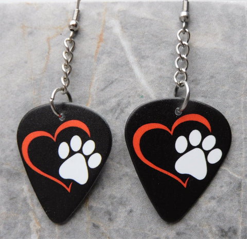 Paw Print and Heart Dangling Guitar Pick Earrings