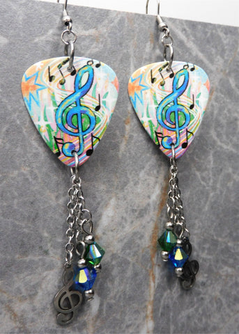 Music Notes Guitar Pick Earrings with Stainless Steel Treble Clef Charms  and Swarovski Crystal Dangles