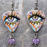Graffiti Style Purple Eye Guitar Pick Earrings with Purple Swarovski Crystal Dangles