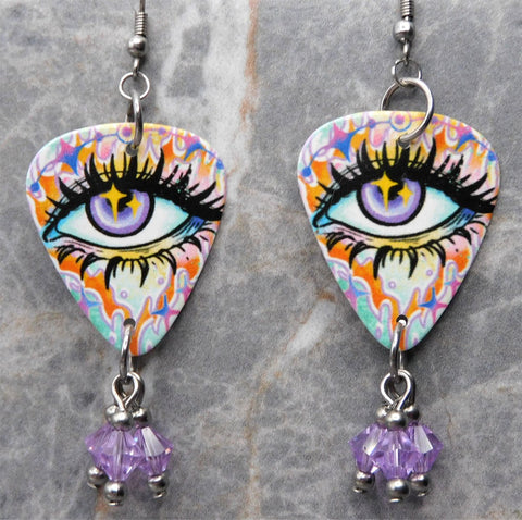 Graffiti Style Purple Eye Guitar Pick Earrings with Purple Swarovski Crystal Dangles