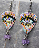 Graffiti Style Purple Eye Guitar Pick Earrings with Purple Swarovski Crystal Dangles