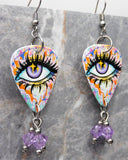 Graffiti Style Purple Eye Guitar Pick Earrings with Purple Swarovski Crystal Dangles