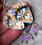 Graffiti Style Purple Eye Guitar Pick Earrings with Purple Swarovski Crystal Dangles