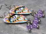 Graffiti Style Purple Eye Guitar Pick Earrings with Purple Swarovski Crystal Dangles