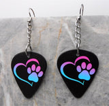 Purple to Blue Ombre Paw Print and Heart Dangling Guitar Pick Earrings