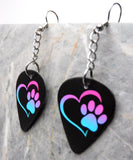 Purple to Blue Ombre Paw Print and Heart Dangling Guitar Pick Earrings