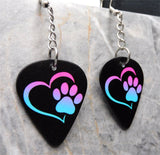 Purple to Blue Ombre Paw Print and Heart Dangling Guitar Pick Earrings