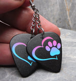 Purple to Blue Ombre Paw Print and Heart Dangling Guitar Pick Earrings