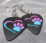 Purple to Blue Ombre Paw Print and Heart Dangling Guitar Pick Earrings