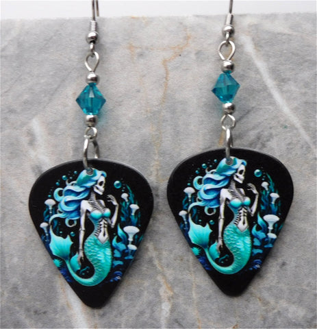 Skeleton Mermaid Guitar Pick Earrings with Teal Swarovski Crystals