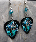 Skeleton Mermaid Guitar Pick Earrings with Teal Swarovski Crystals