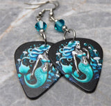 Skeleton Mermaid Guitar Pick Earrings with Teal Swarovski Crystals