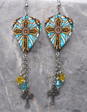 Yellow and Aqua Blue Celtic Style Cross Guitar Pick Earrings with Stainless Steel Cross Charms and Swarovski Crystal Dangles