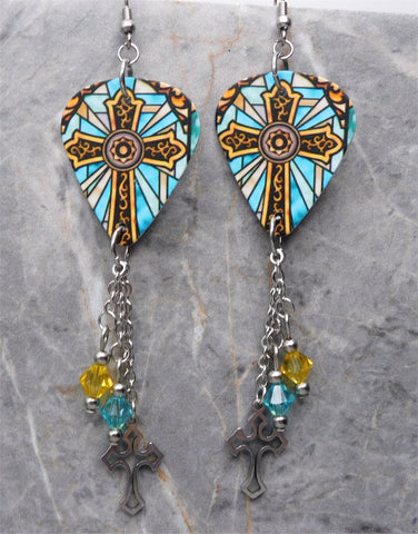 Yellow and Aqua Blue Celtic Style Cross Guitar Pick Earrings with Stainless Steel Cross Charms and Swarovski Crystal Dangles