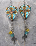 Yellow and Aqua Blue Celtic Style Cross Guitar Pick Earrings with Stainless Steel Cross Charms and Swarovski Crystal Dangles
