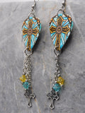 Yellow and Aqua Blue Celtic Style Cross Guitar Pick Earrings with Stainless Steel Cross Charms and Swarovski Crystal Dangles