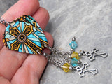 Yellow and Aqua Blue Celtic Style Cross Guitar Pick Earrings with Stainless Steel Cross Charms and Swarovski Crystal Dangles