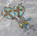 Yellow and Aqua Blue Celtic Style Cross Guitar Pick Earrings with Stainless Steel Cross Charms and Swarovski Crystal Dangles
