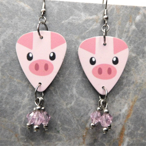 Pig Guitar Pick Earrings with Pink Swarovski Crystal Dangles