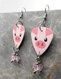 Pig Guitar Pick Earrings with Pink Swarovski Crystal Dangles