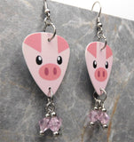 Pig Guitar Pick Earrings with Pink Swarovski Crystal Dangles