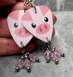 Pig Guitar Pick Earrings with Pink Swarovski Crystal Dangles