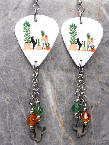 Black Cat with Cactus and Other Houseplants Guitar Pick Earrings with Stainless Steel Cactus Charms and Swarovski Crystals Dangles