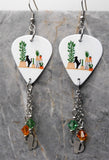 Black Cat with Cactus and Other Houseplants Guitar Pick Earrings with Stainless Steel Cactus Charms and Swarovski Crystals Dangles