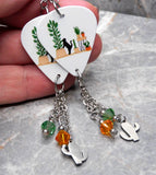 Black Cat with Cactus and Other Houseplants Guitar Pick Earrings with Stainless Steel Cactus Charms and Swarovski Crystals Dangles