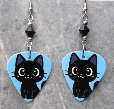 Black Cat Guitar Pick Earrings with Black Swarovski Crystals